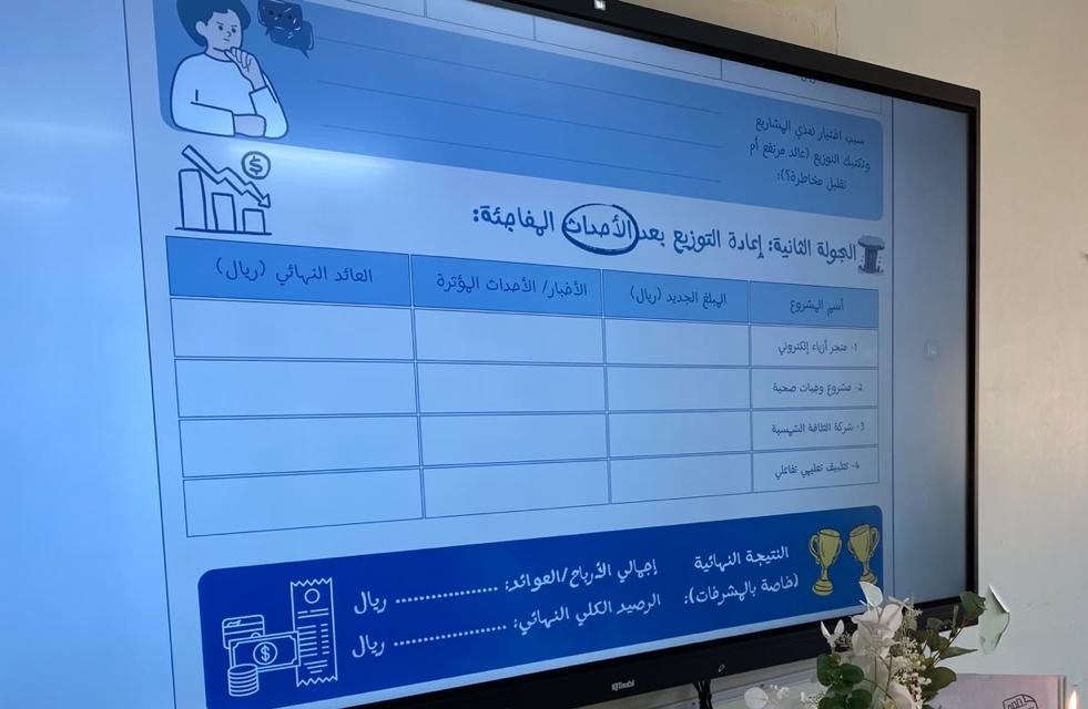 آلة حاسبة ونشرات تعريفية وأوراق عمل عن الادخار والميزانية الشخصية معروضة ضمن فعالية توعوية بالكلية