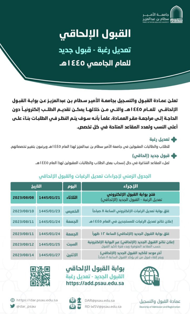 فتح بوابة القبول الإلحاقي للعام الجامعي 1445هـ