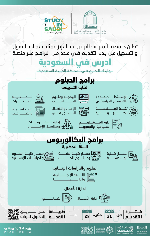 بدء التقديم في عدد من البرامج عبر منصة  أدرس في السعودية