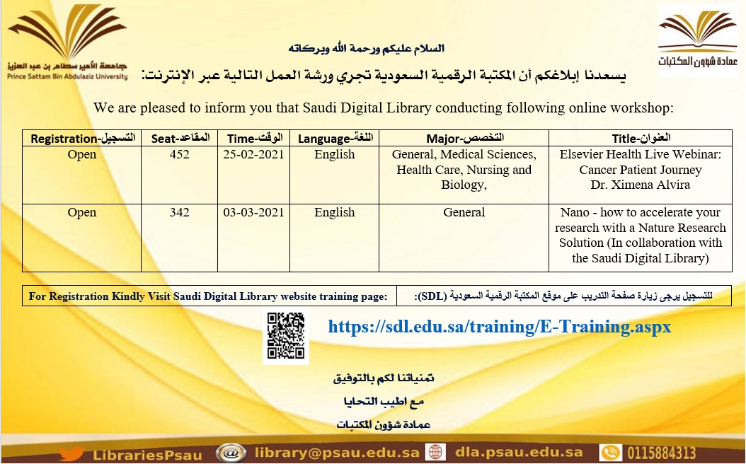 دعوة لحضور ورش عمل تقيمها المكتبة الرقمية السعودية