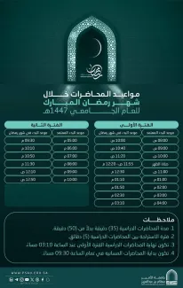 مواعيد المحاضرات خلال شهر رمضان المبارك